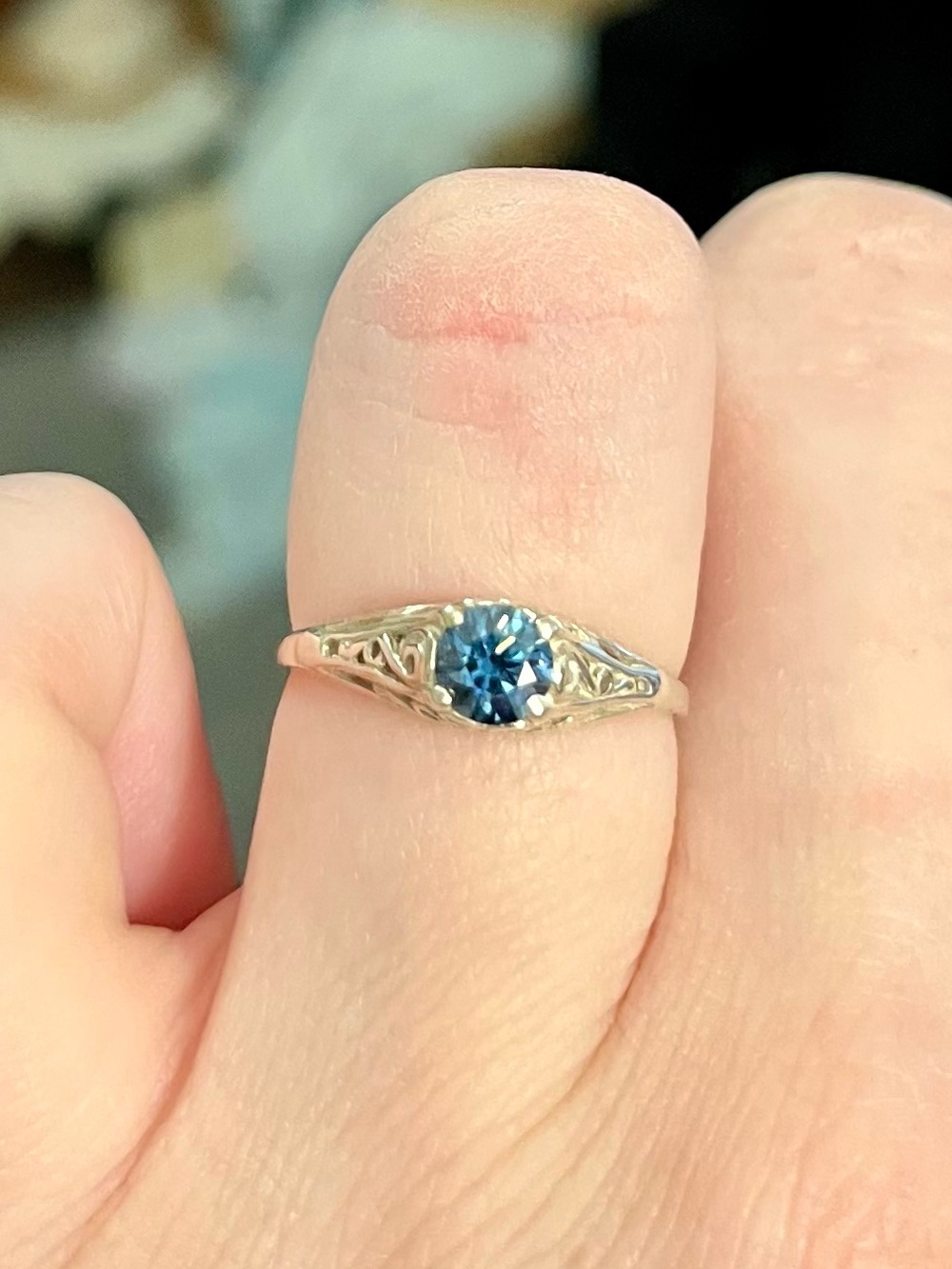 5mm Filigree Blue Moissanite Ring 925 Silver size 7.5 - Picture 5 of 8